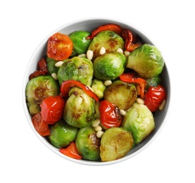 Bowl of salad with Brussels sprouts isolated on white, top view