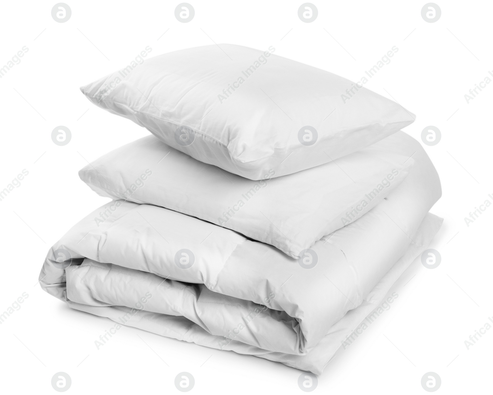 Photo of Clean blanket and pillows on white background