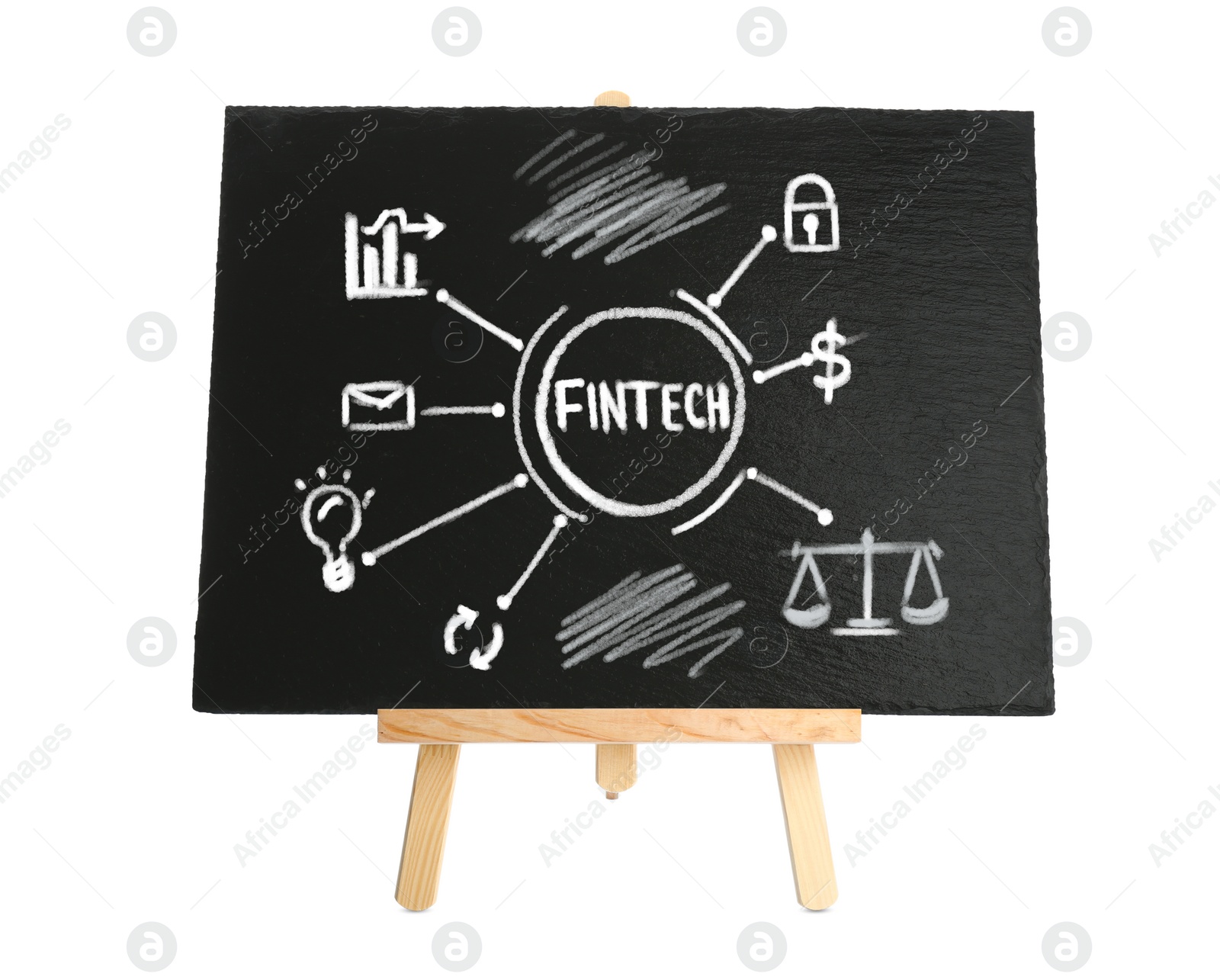 Image of Fintech concept. Scheme with drawings and chalk on blackboard, white background