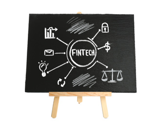Image of Fintech concept. Scheme with drawings and chalk on blackboard, white background