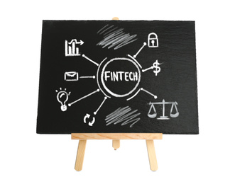 Fintech concept. Scheme with drawings and chalk on blackboard, white background