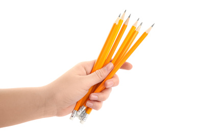 Photo of Woman holding many pencils on white background, closeup