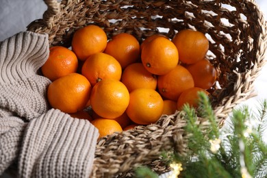 Net bag with many fresh ripe tangerines and fir tree branch, above view