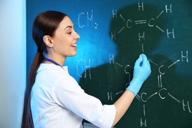 Female scientist writing chemical formula on chalkboard indoors