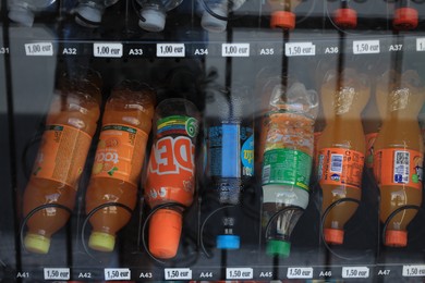 Split, Croatia - October 13, 2023: Vending machine with bottles of different drinks outdoors