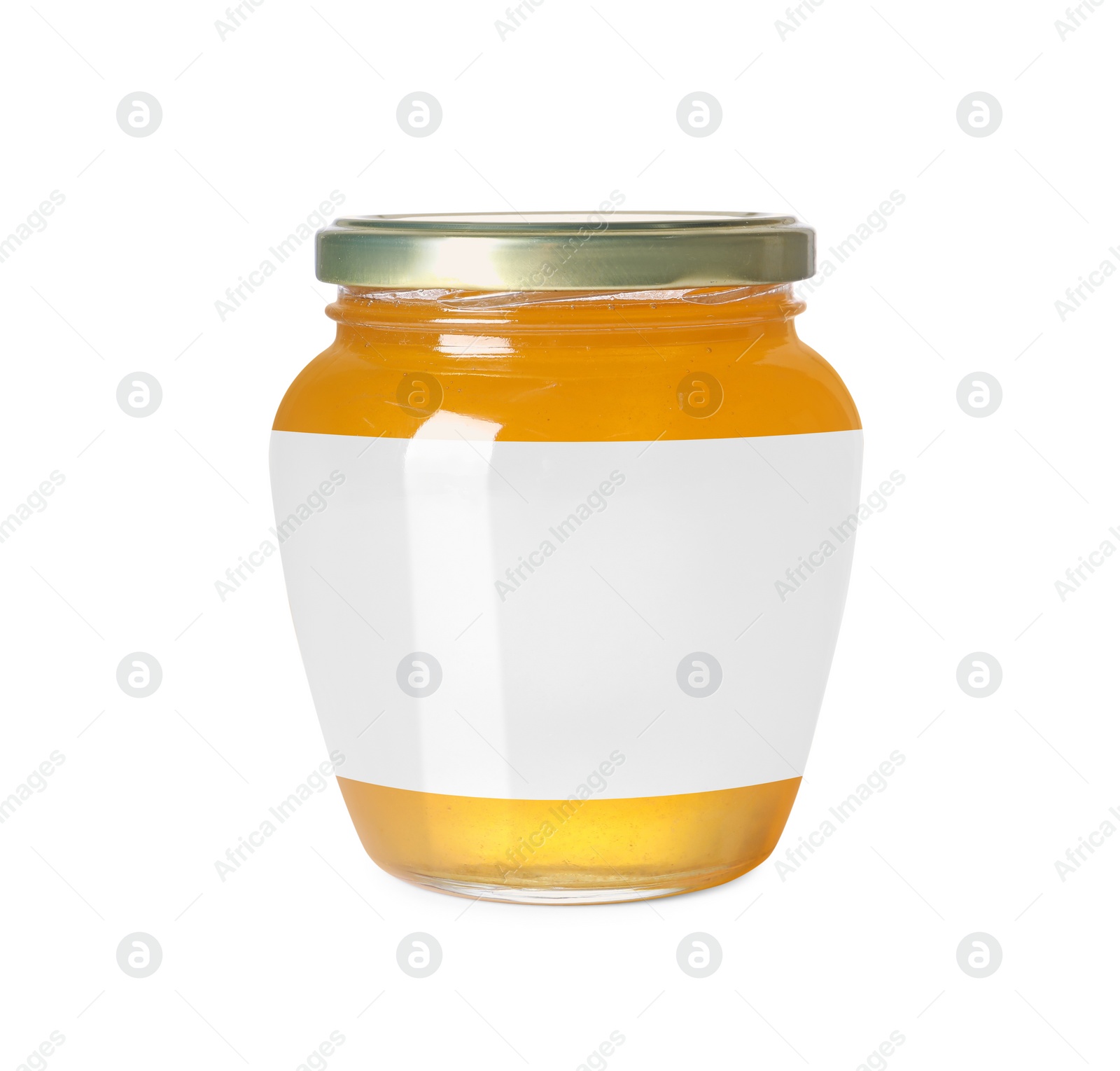 Image of Jar of honey with blank label on white background. Mockup for design