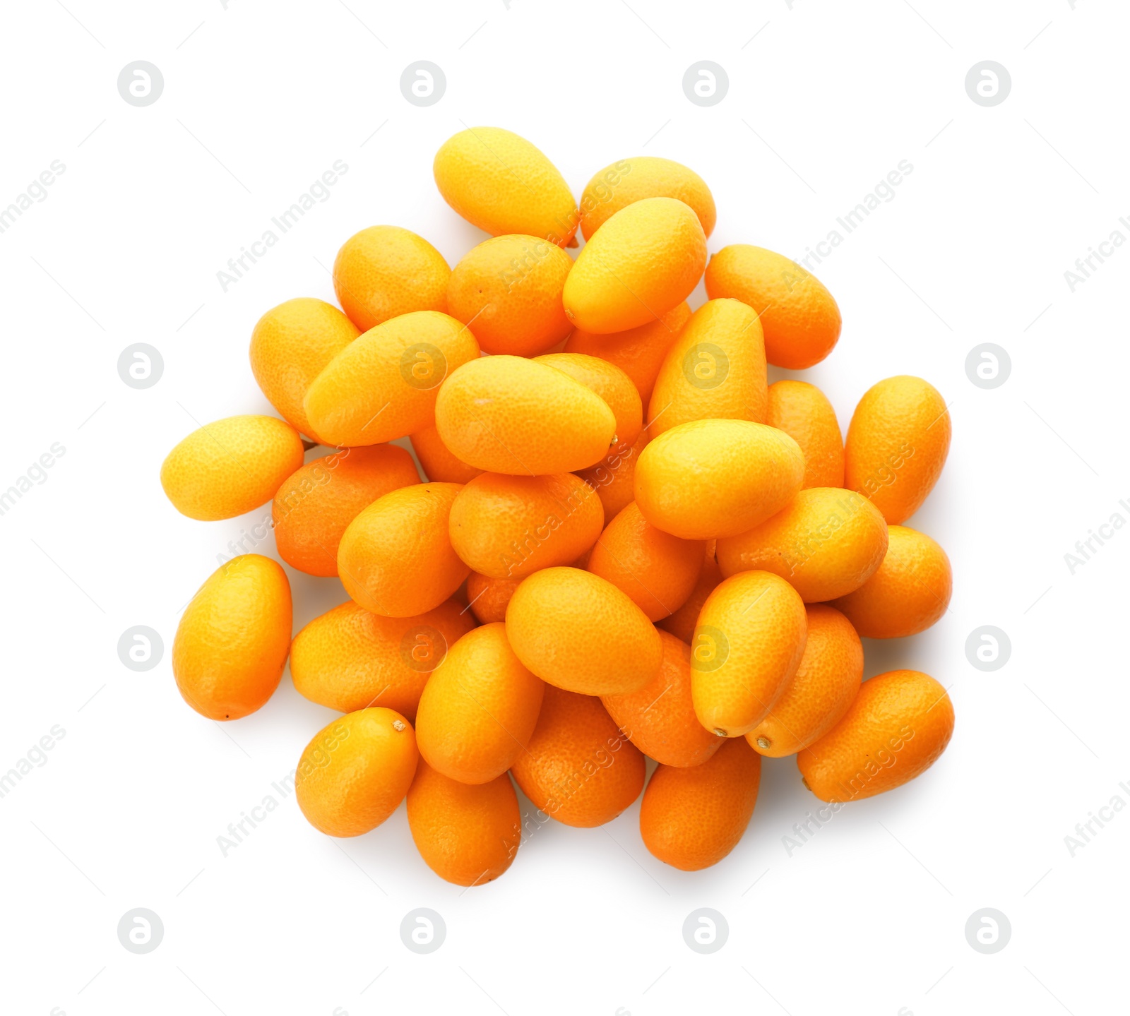 Photo of Fresh ripe kumquats on white background, top view. Exotic fruit