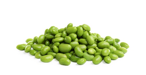 Photo of Pile of fresh edamame soybeans on white background