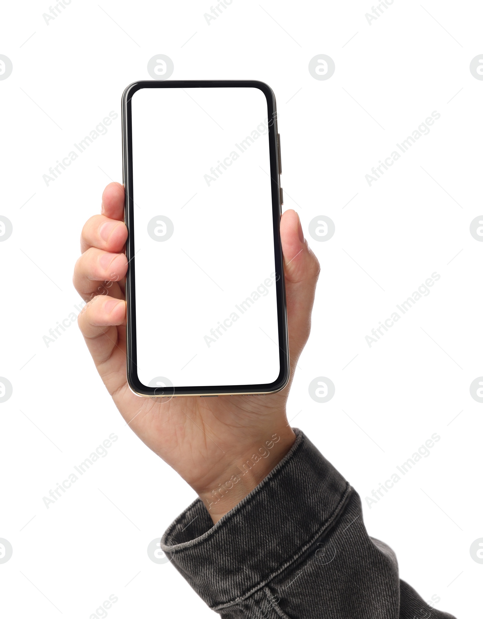 Photo of Man holding smartphone with blank screen on white background, closeup. Mockup for design