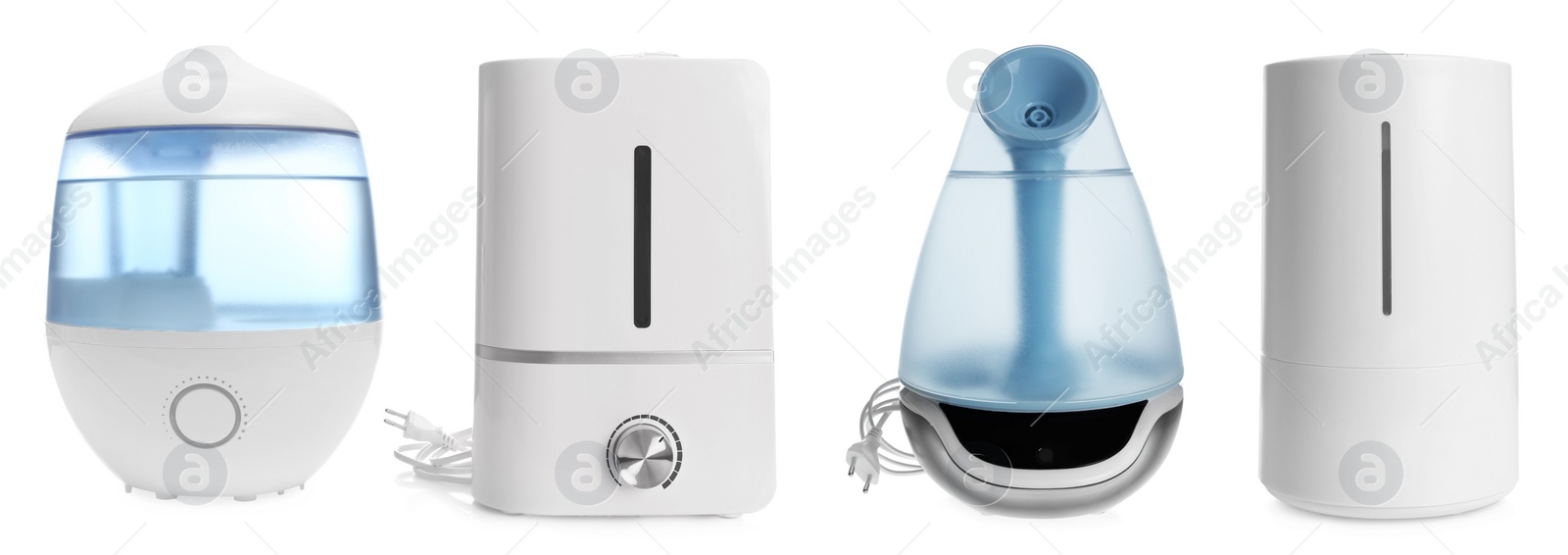 Image of Set of modern air humidifiers on white background