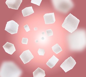 Image of Refined sugar cubes in air on color gradient background