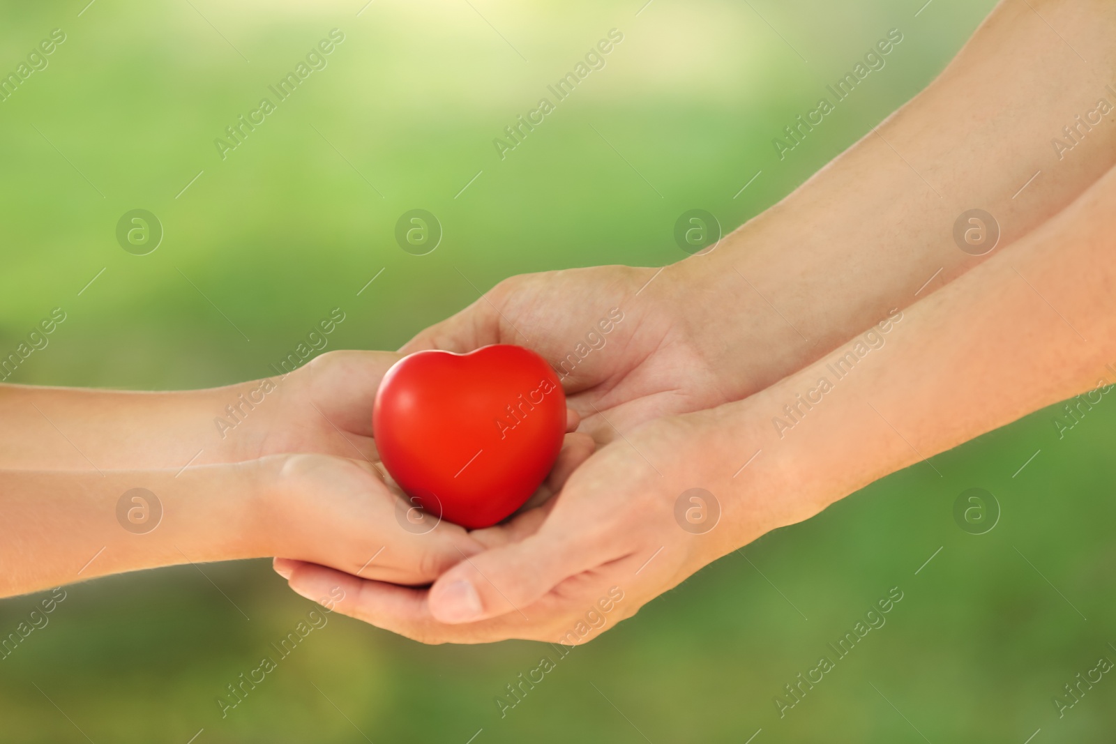 Photo of Adult and child hands holding heart on blurred background, closeup. Family concept