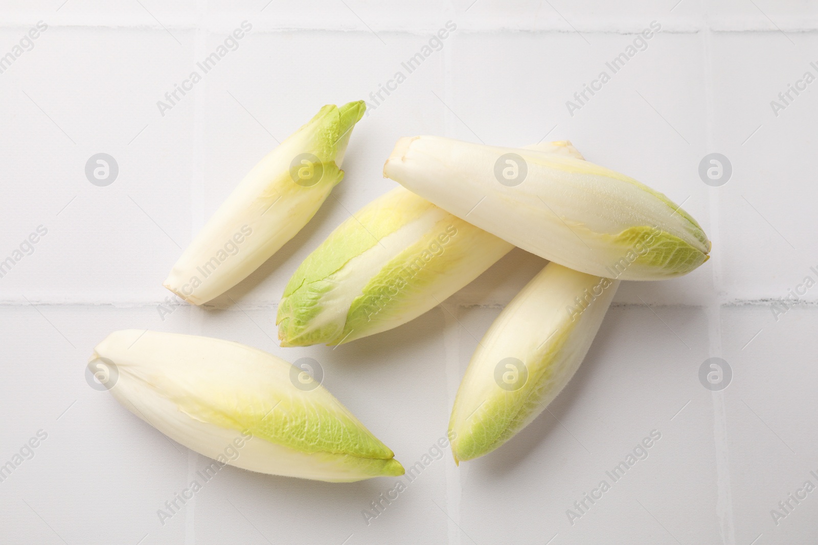 Photo of Fresh raw Belgian endives (chicory) on white tiled table, top view