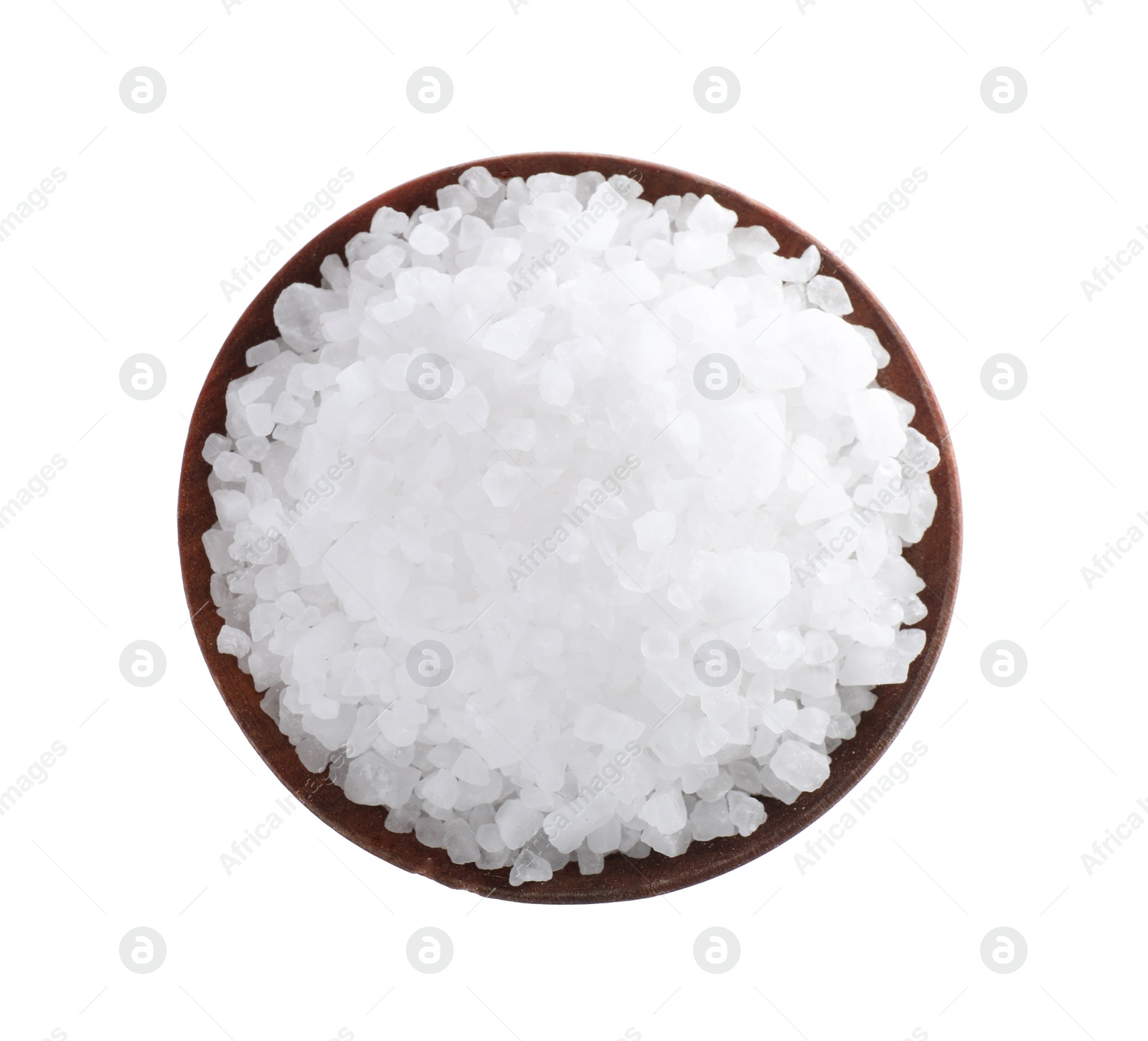 Photo of Natural salt in wooden bowl isolated on white, top view
