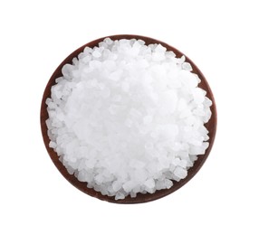 Photo of Natural salt in wooden bowl isolated on white, top view