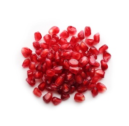 Pomegranate seeds on white background, top view. Delicious fruit