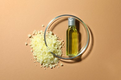 Photo of Petri dish with bottle and ingredient on beige background, flat lay