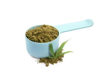 Photo of Scoop with hemp protein powder and green leaf on white background