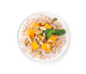 Photo of Tasty wheat porridge with pumpkin and mint in bowl isolated on white, top view