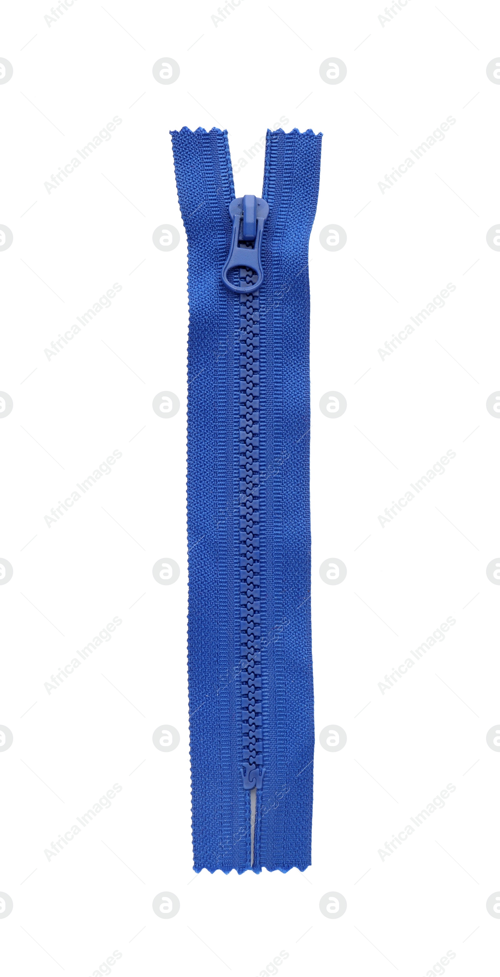 Photo of Blue zipper isolated on white, top view