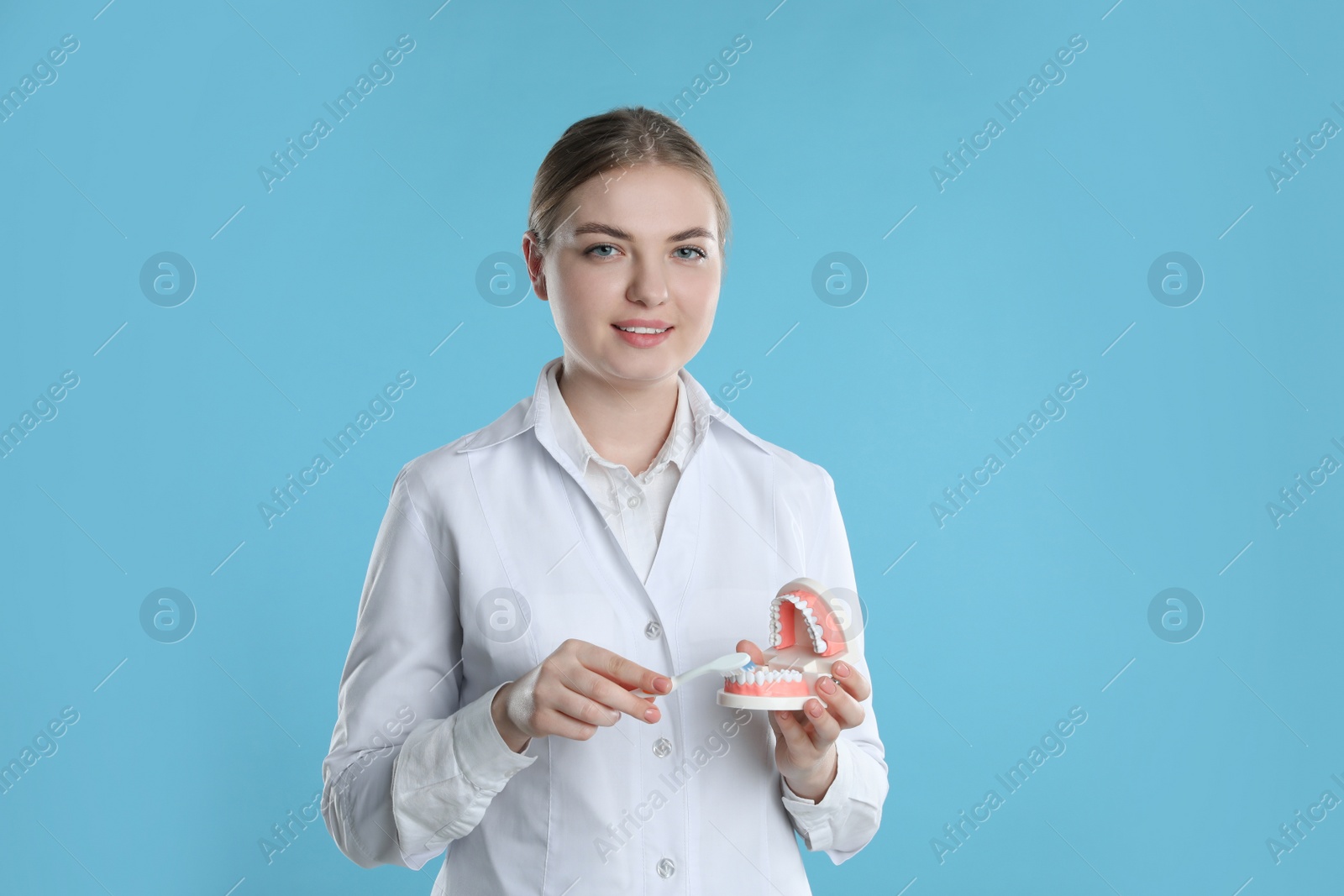 Photo of Dental assistant with jaws model and toothbrush on light blue background. Oral care demonstration