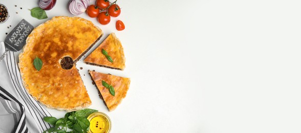 Photo of Delicious pie with minced meat and ingredients on white table, flat lay. Space for text