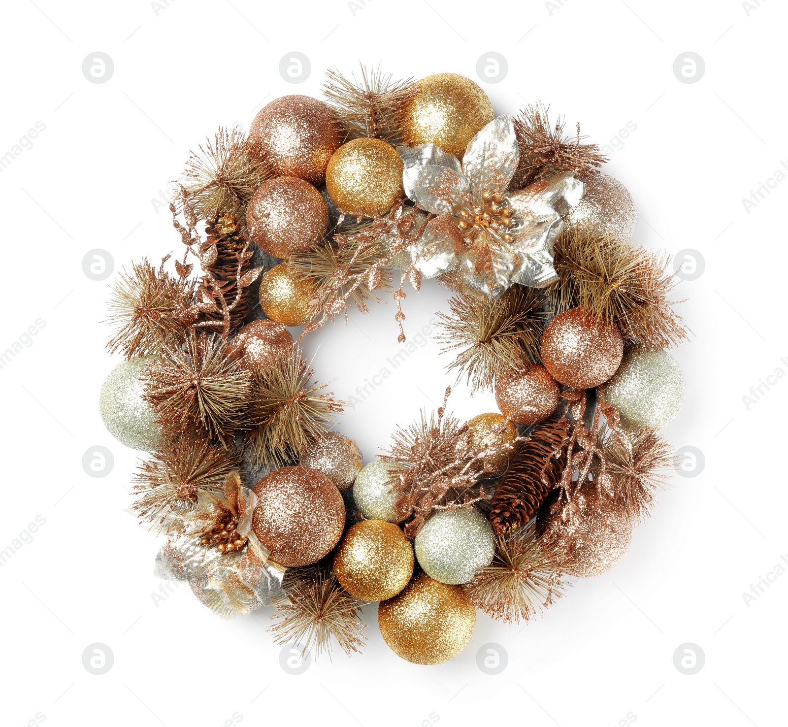 Photo of Beautiful Christmas wreath with silver, golden and bronze glittery baubles isolated on white