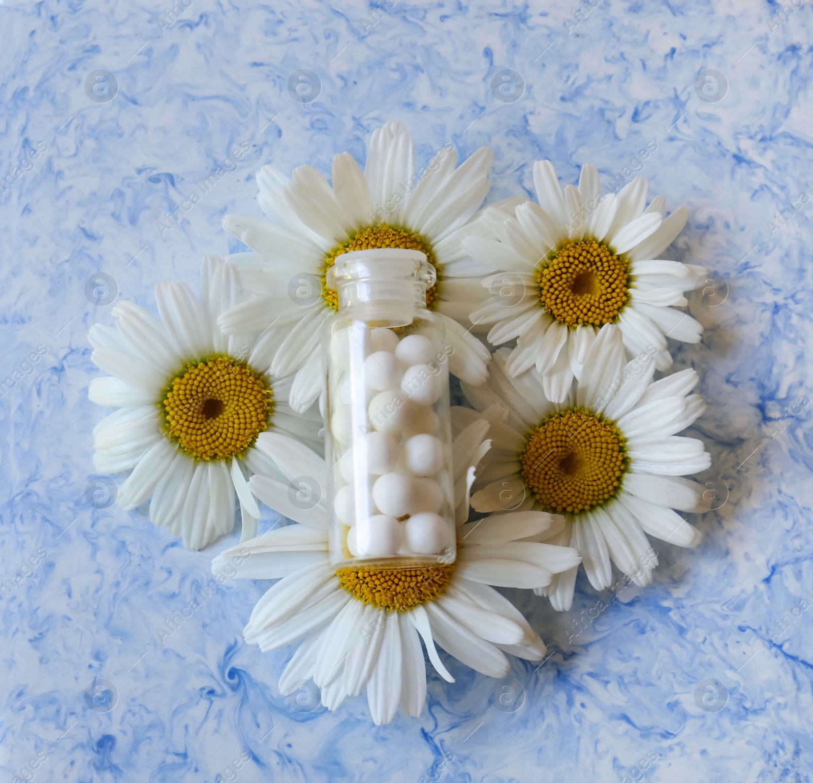 Photo of Bottle of homeopathic remedy and beautiful chamomiles on white background, top view