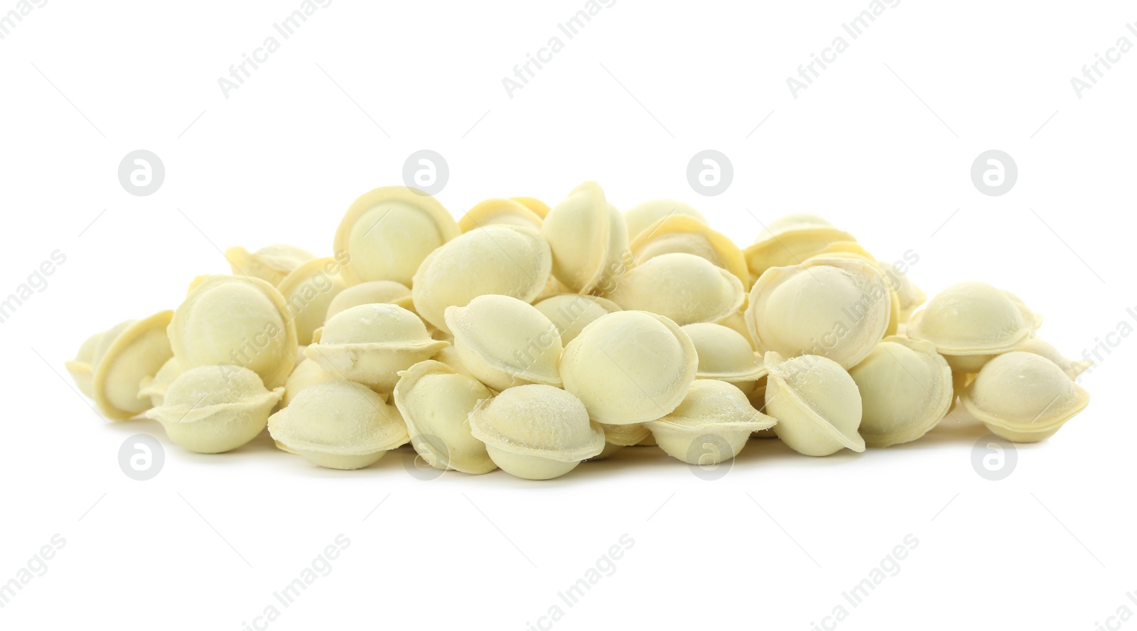 Photo of Heap of raw meat dumplings on white background