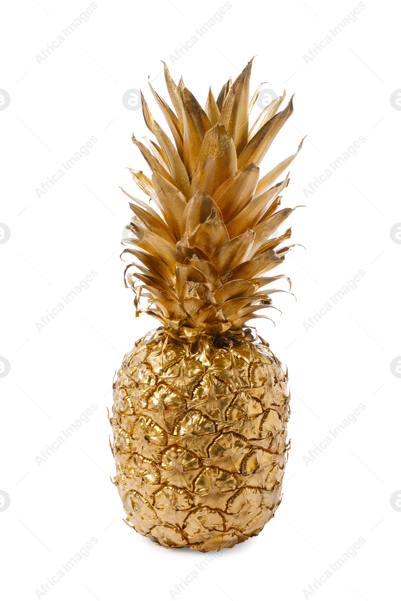 Photo of Shiny golden pineapple on white background. Decor element