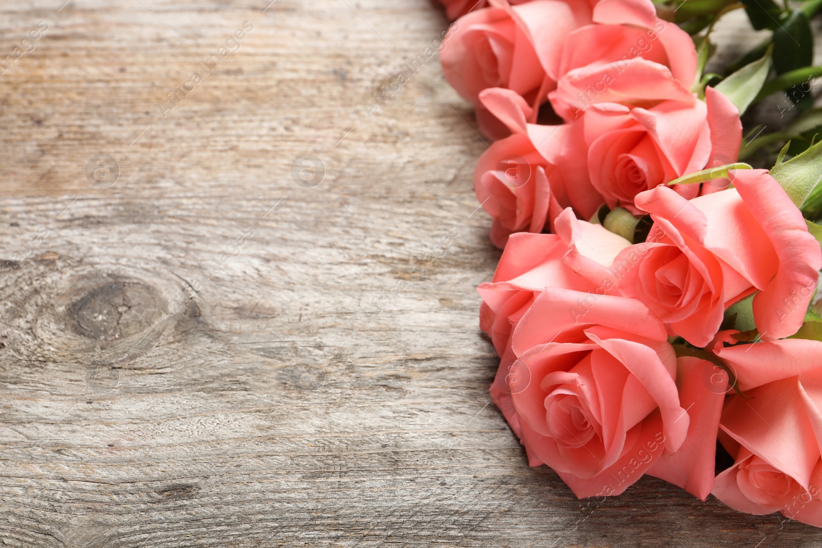 Photo of Beautiful roses on wooden table