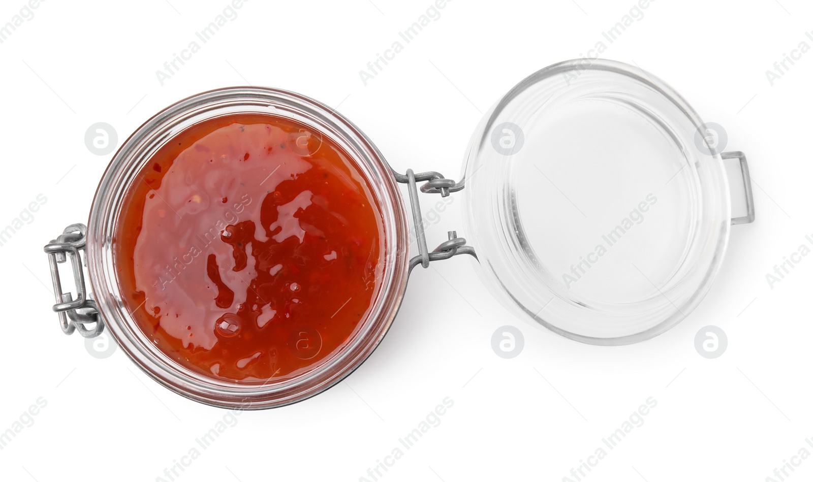 Photo of Fresh marinade in jar isolated on white, top view