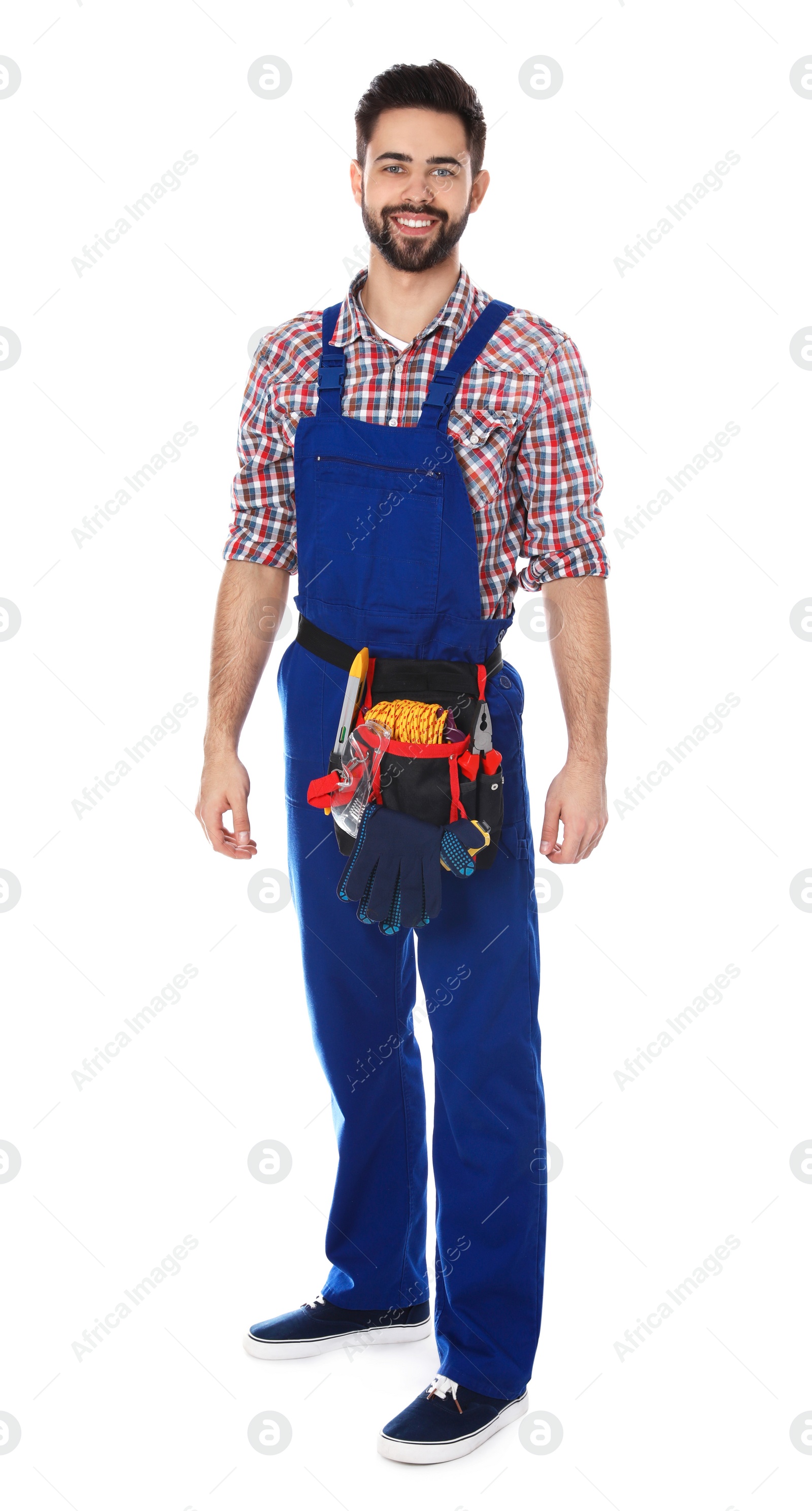 Photo of Full length portrait of construction worker with tool belt on white background