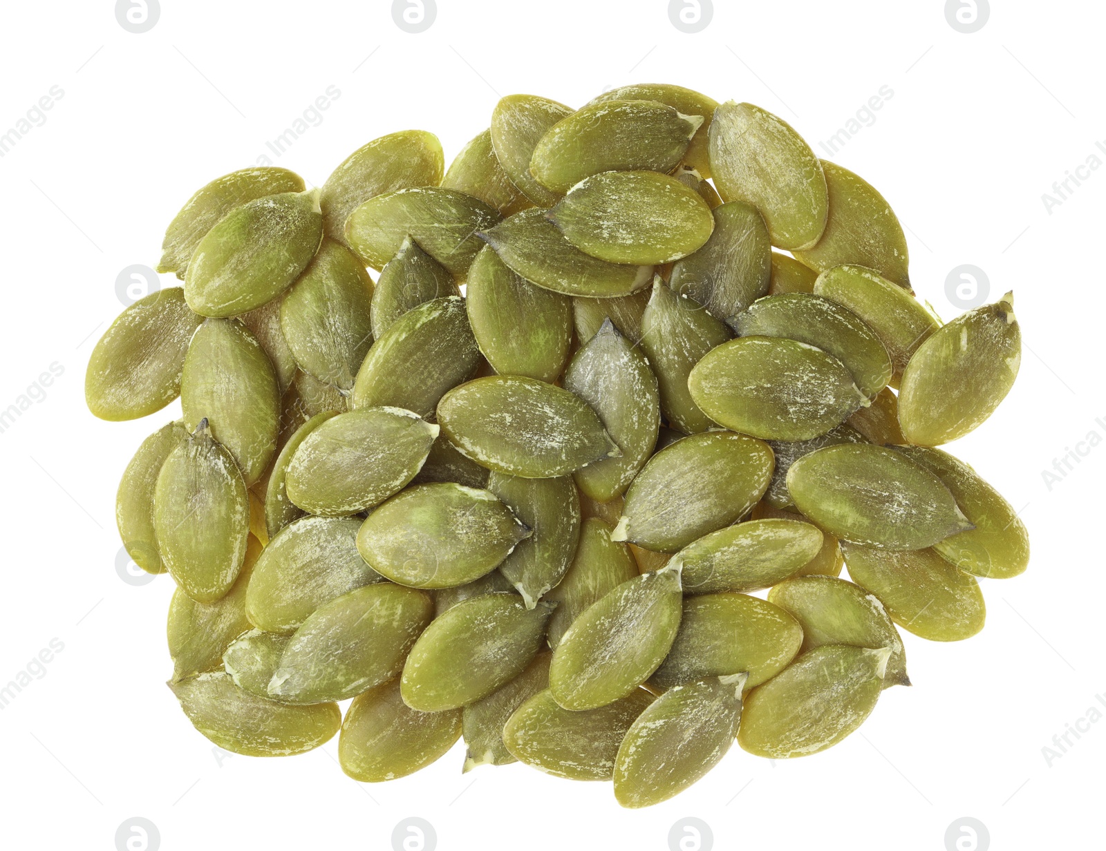 Photo of Pile of peeled pumpkin seeds isolated on white, top view