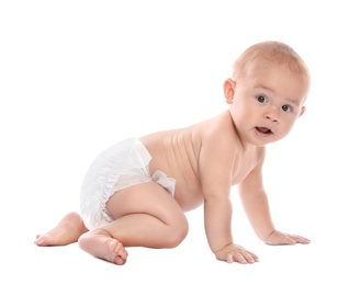 Photo of Cute little baby crawling on white background