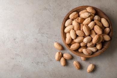 Pecan nuts in bowl and space for text on gray background, top view