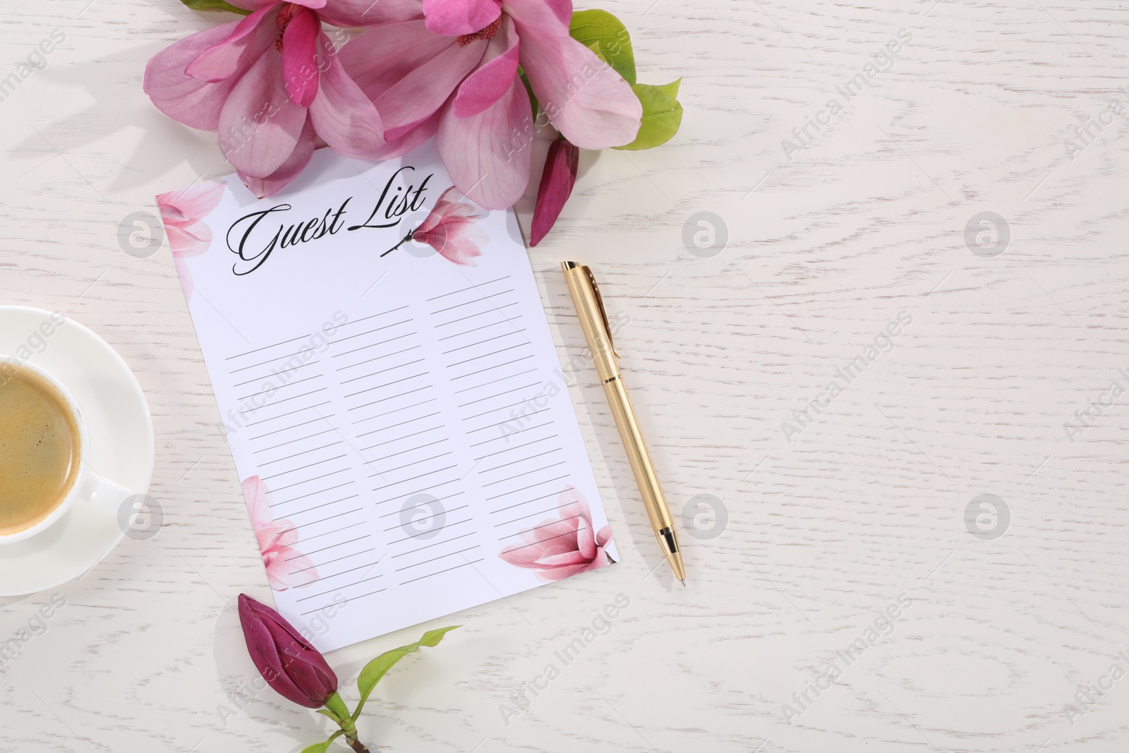 Photo of Guest list, coffee, pen and beautiful flowers on white wooden table, flat lay. Space for text