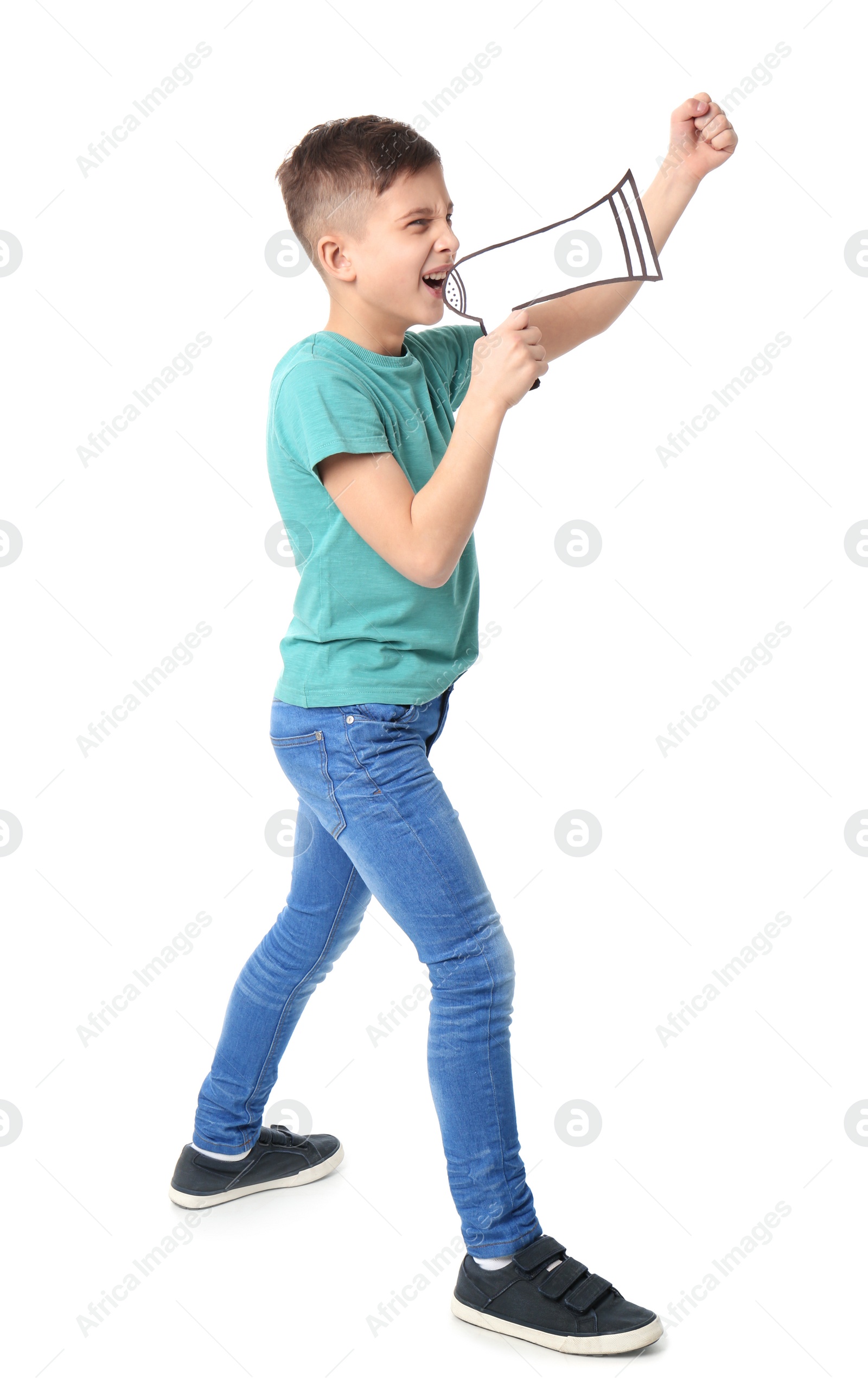 Photo of Cute little boy with paper megaphone on white background