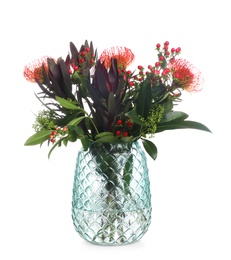 Photo of Vase with bouquet of beautiful protea flowers on white background