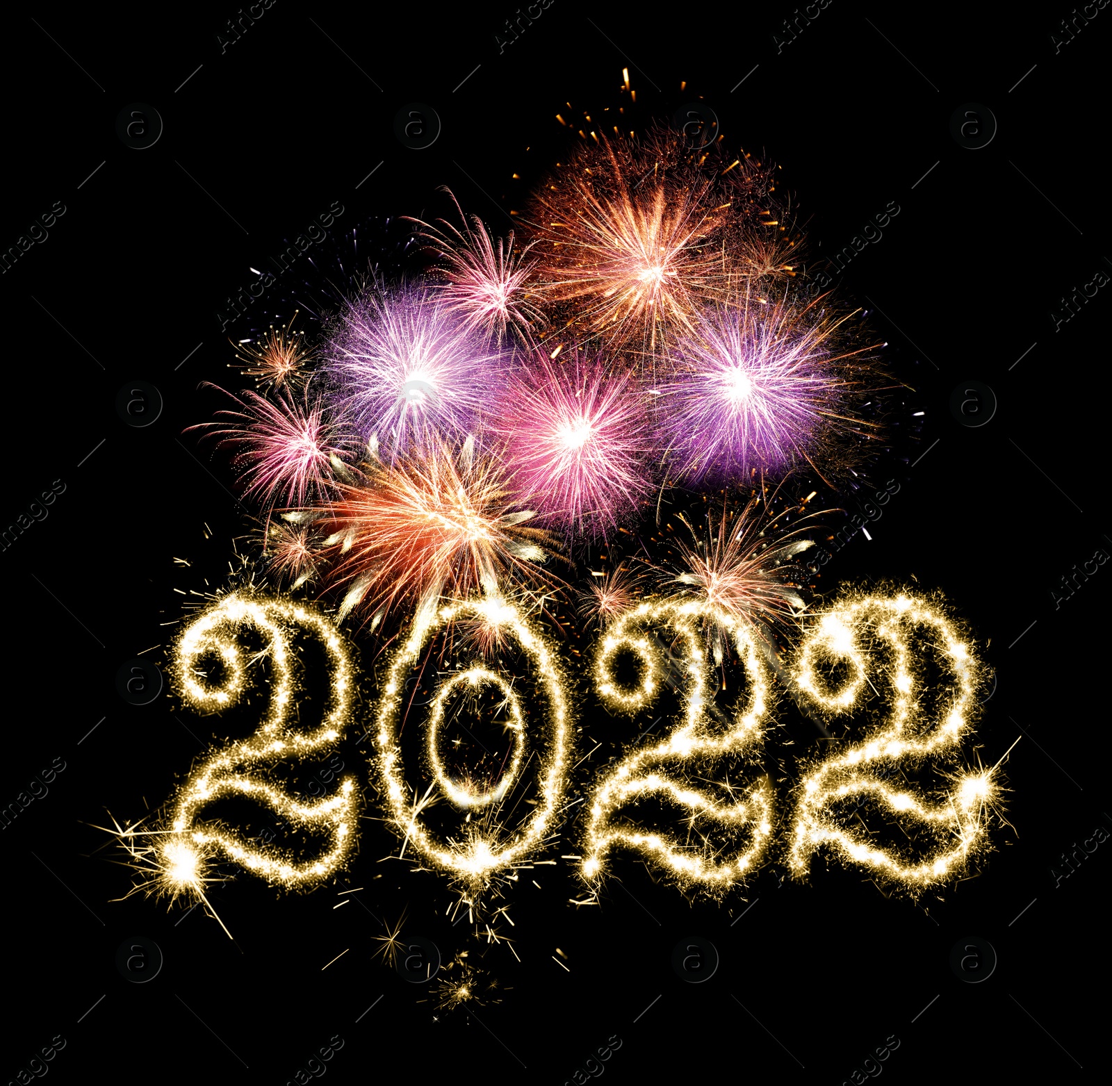 Image of Happy New Year greeting card design. 2022 silhouettes made of fireworks 