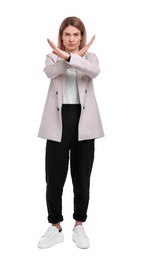 Photo of Full length portrait of beautiful businesswoman rejecting on white background