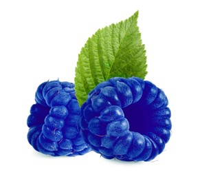 Image of Fresh blue raspberries and green leaf isolated on white