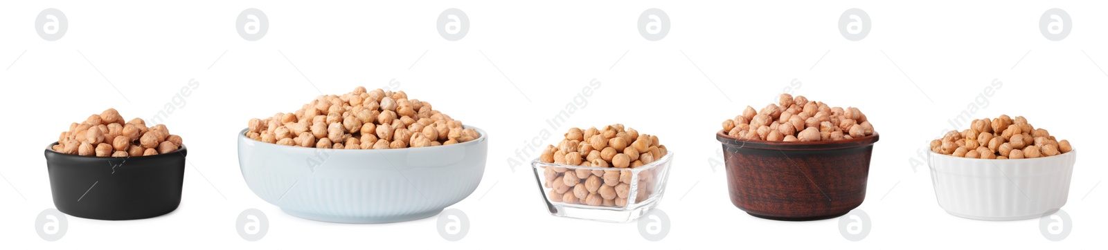 Image of Set with raw chickpeas in bowls on white background. Banner design