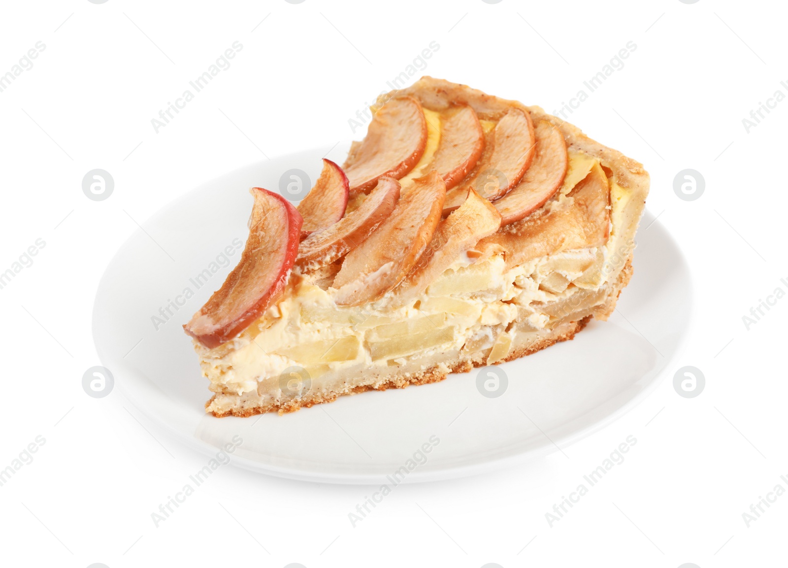 Photo of Piece of delicious homemade apple pie isolated on white