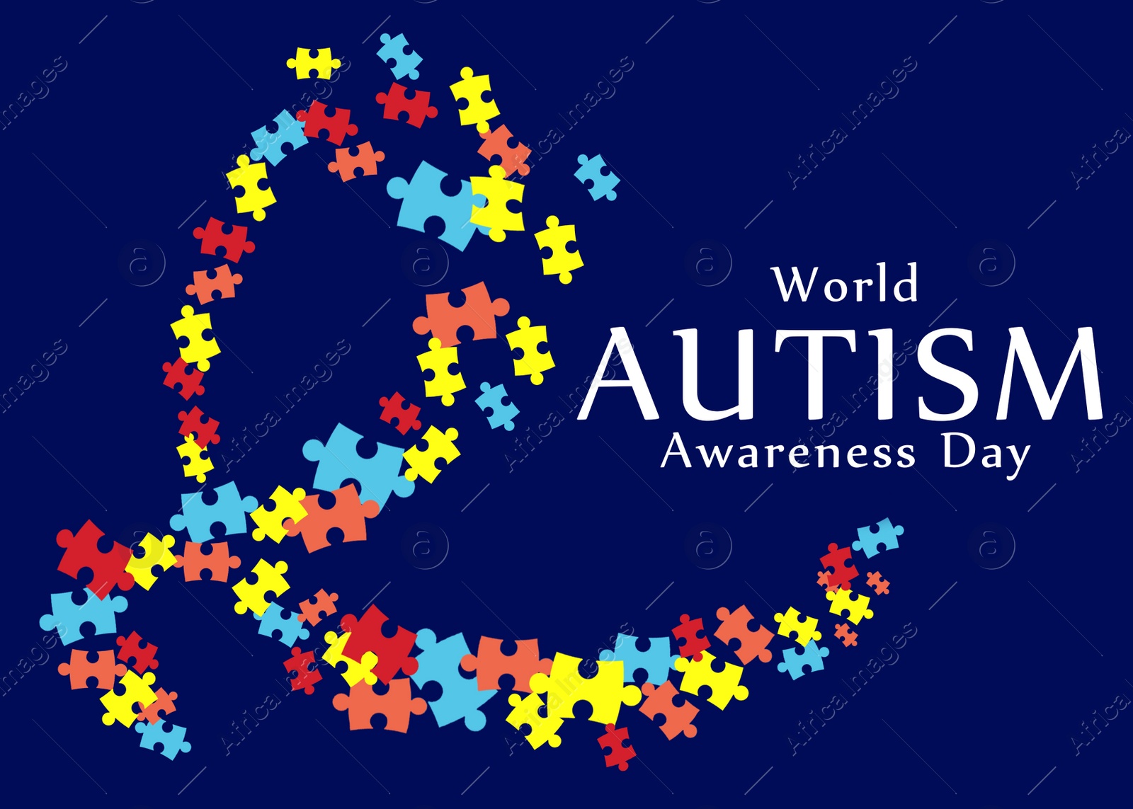 Illustration of Many colorful puzzle pieces and text World Autism Awareness Day on dark blue background