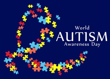 Illustration of Many colorful puzzle pieces and text World Autism Awareness Day on dark blue background
