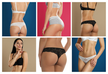 Collage of young woman in underwear on color backgrounds