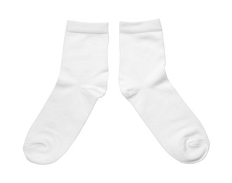 Photo of Pairnew socks isolated on white, top view