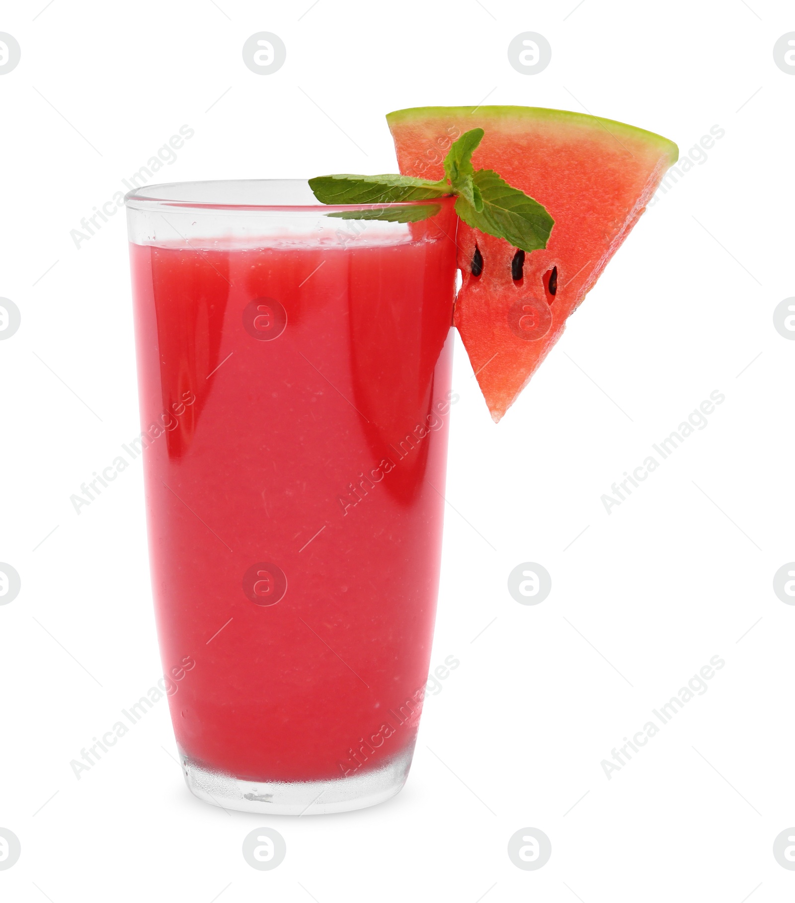 Photo of Delicious drink with mint and piece of fresh watermelon isolated on white