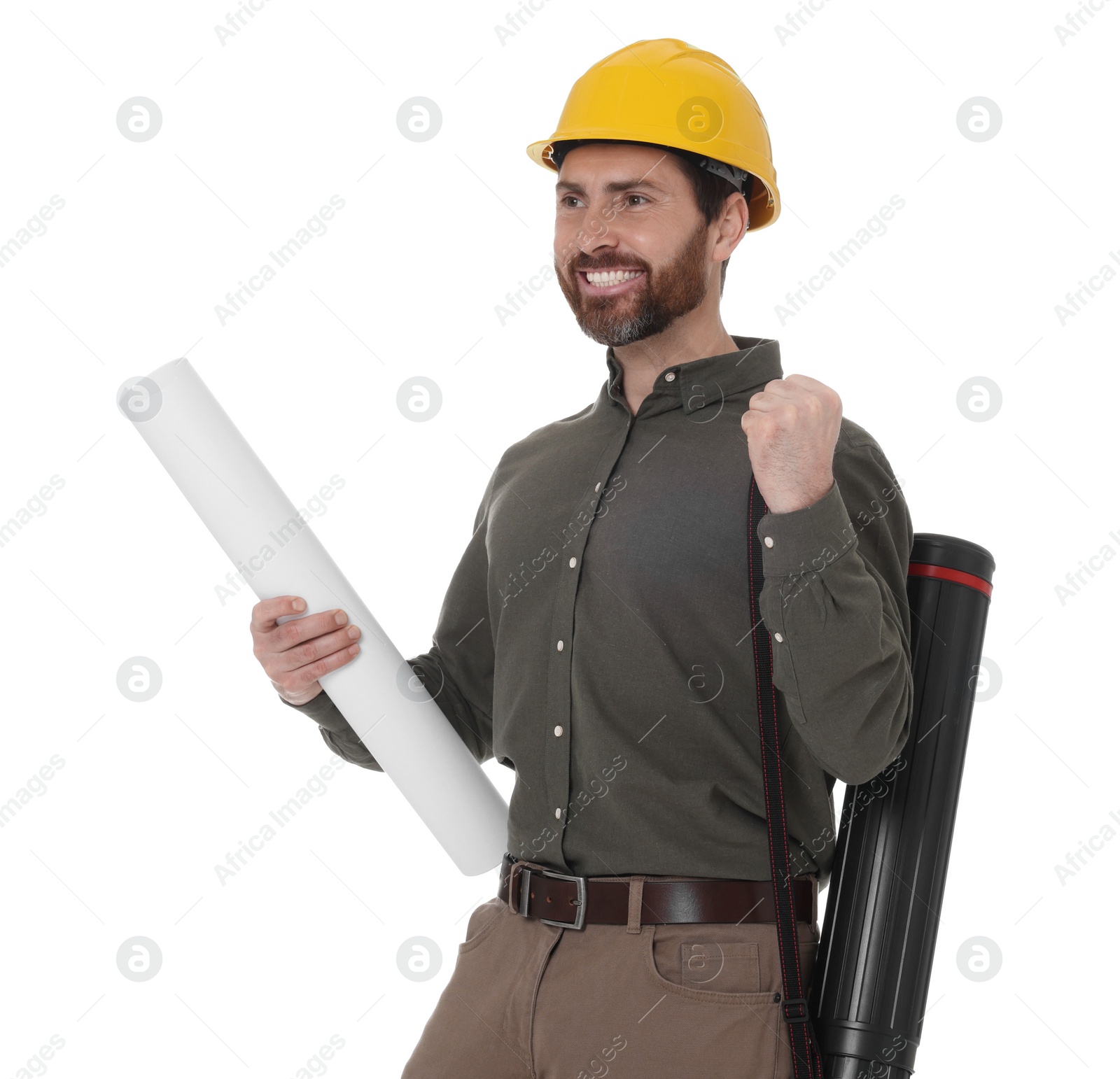 Photo of Architect in hard hat with drawing tube and draft on white background